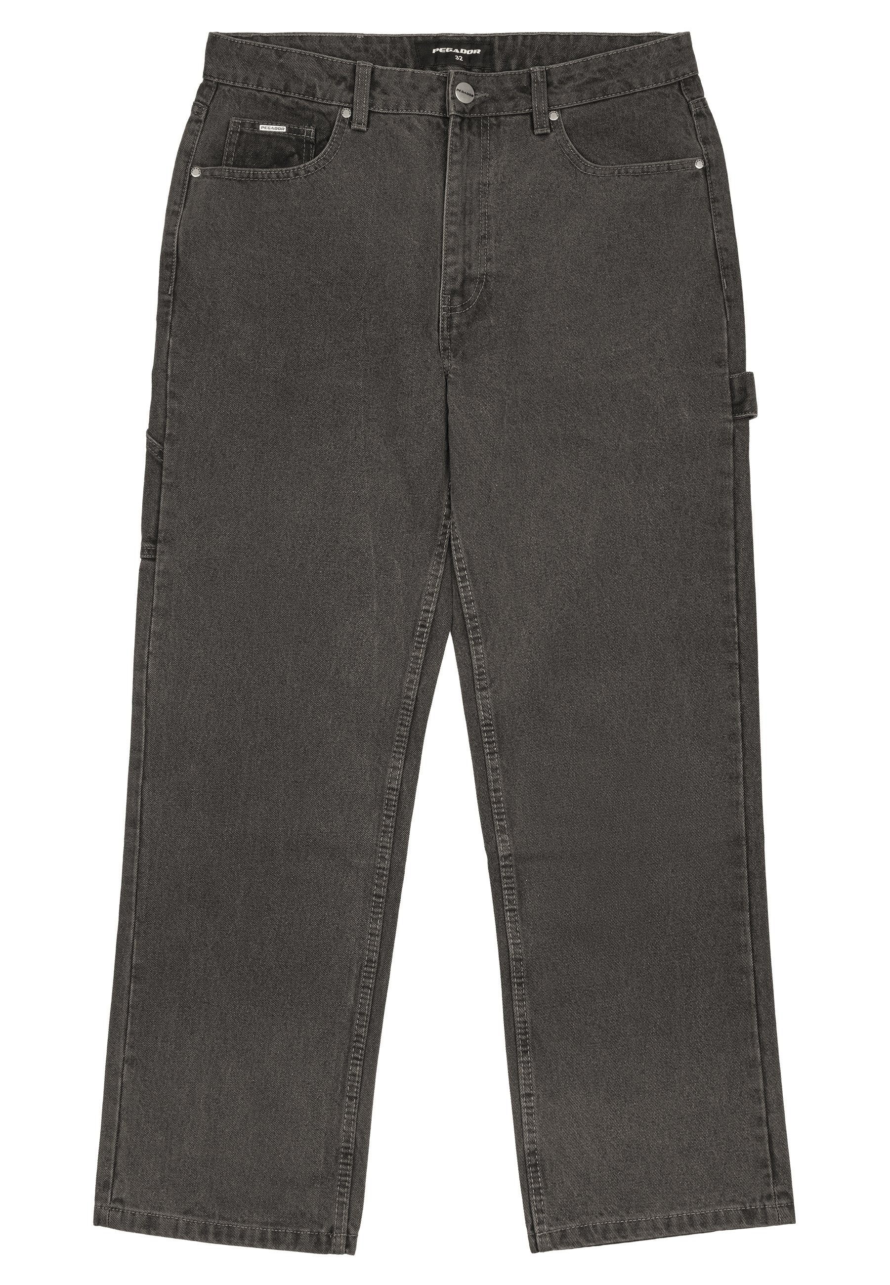 Dunkelgraue Denim-Jeans mit geradem Bein, im Fünf-Taschen-Stil und einem kleinen Seitenschlauf für zusätzliche Funktionalität.