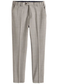 Hellgraue Stoffhose aus strukturiertem Material, mit geradem Bein, zwei Seitentaschen und einem Knopfverschluss.