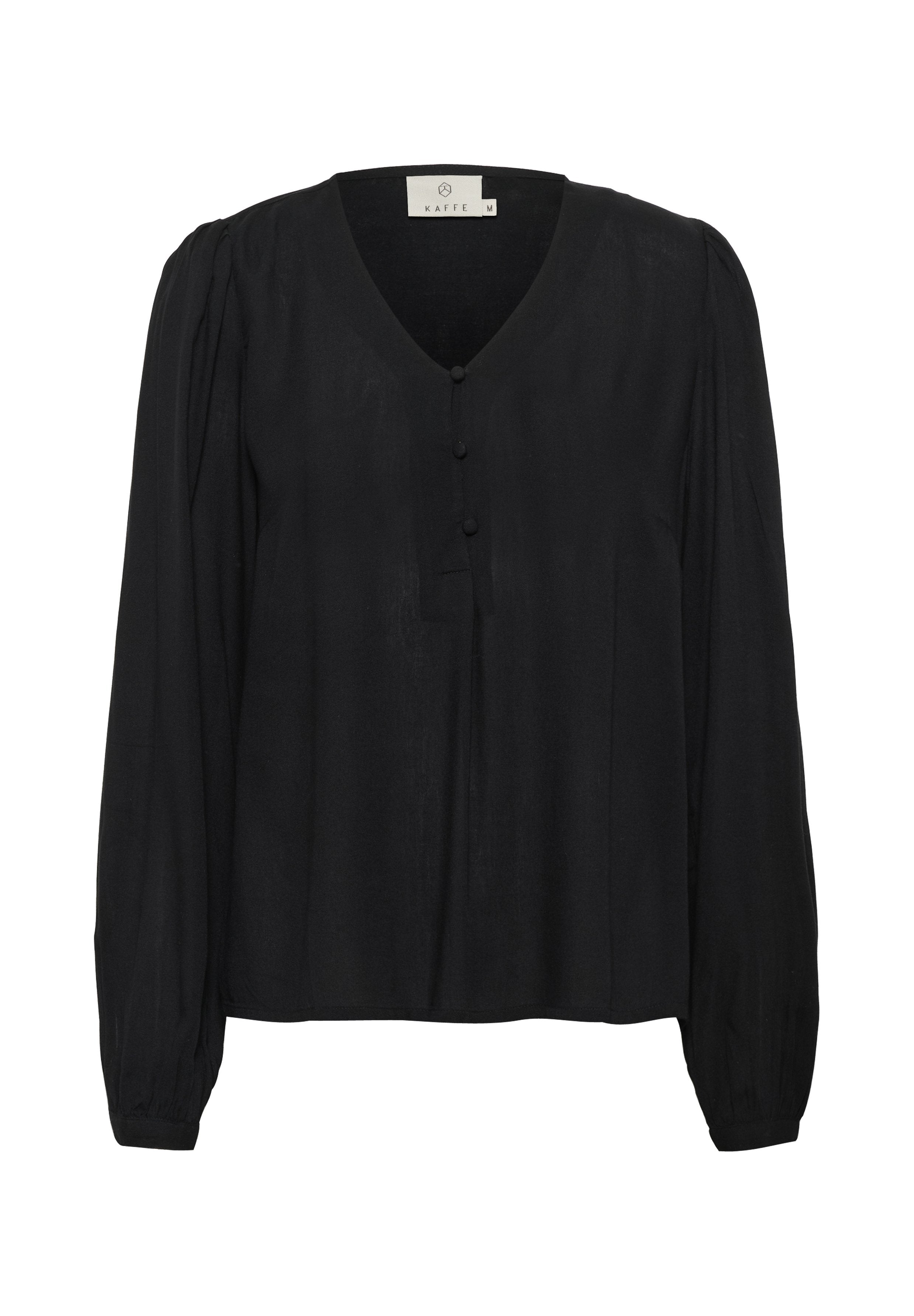 Schwarze lange Bluse mit V-Ausschnitt, die drei Knöpfe auf der Vorderseite und geraffte Details an den Ärmeln aufweist. Glatte Textur.