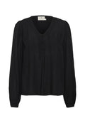 Schwarze lange Bluse mit V-Ausschnitt, die drei Knöpfe auf der Vorderseite und geraffte Details an den Ärmeln aufweist. Glatte Textur.