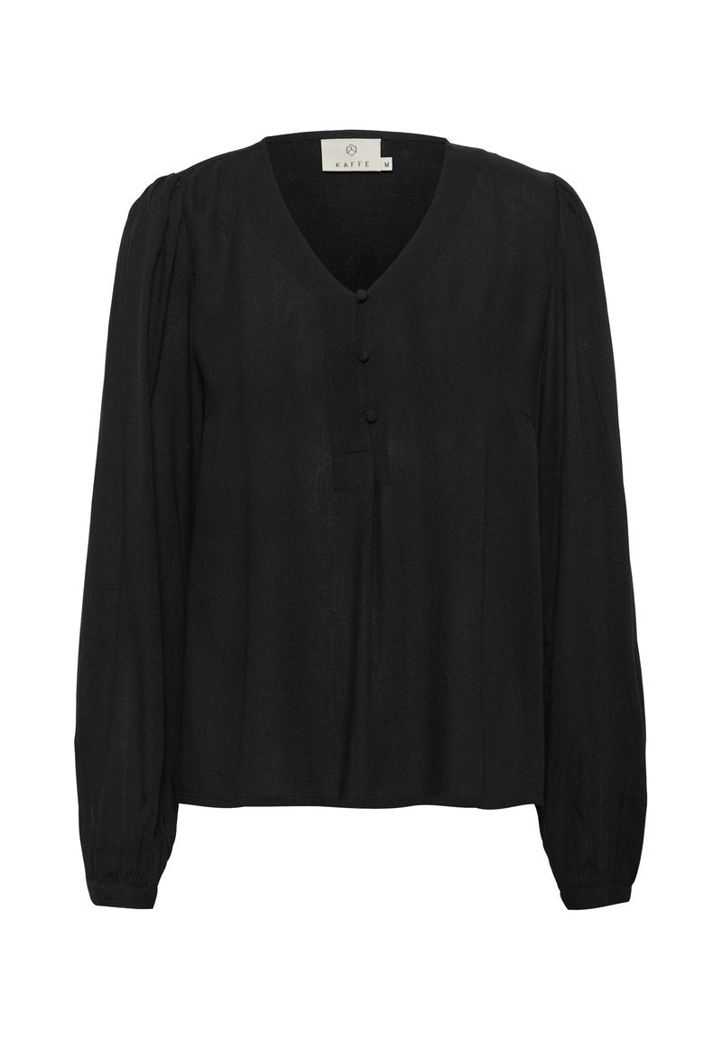 Schwarze lange Bluse mit V-Ausschnitt, die drei Knöpfe auf der Vorderseite und geraffte Details an den Ärmeln aufweist. Glatte Textur.