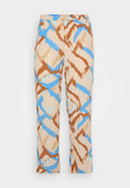 Musterhosen in Beige mit einem blauen und braunen abstrakten Design. Hergestellt aus einem leichten Material mit geradem Bein.