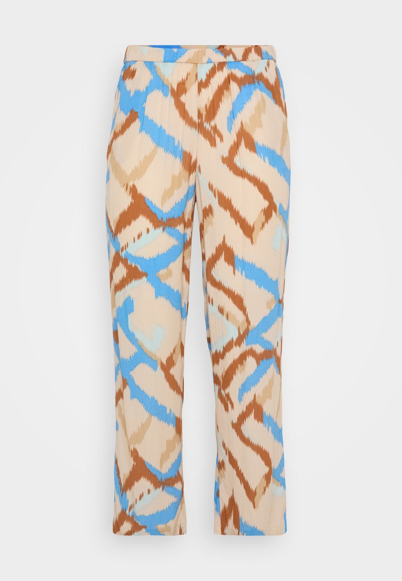 Musterhosen in Beige mit einem blauen und braunen abstrakten Design. Hergestellt aus einem leichten Material mit geradem Bein.