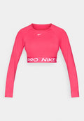 Knallpinker, langärmeliger, bauchfreier Sporttop mit weißem Nike-Swoosh auf der Brust und elastischem Bund mit Nike Pro Logo.
