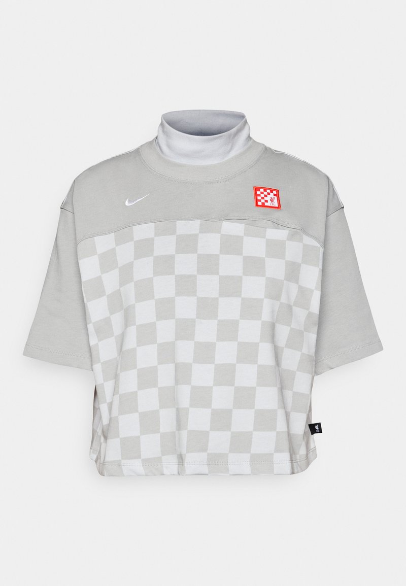 Grauer Turtleneck-Sweatshirt mit Schachbrettmuster, kurzen Ärmeln und einem roten Patch. Hergestellt aus einer weichen Baumwollmischung mit lockerer Passform.