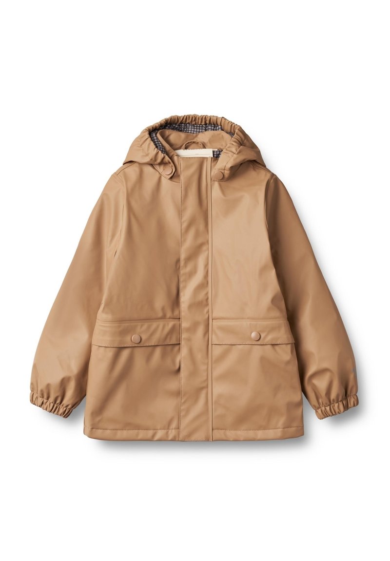 Braune wasserdichte Jacke mit Kapuze, elastischen Bündchen, zwei Fronttaschen und einer glatten, glänzenden Oberfläche. Futter mit Karomuster.