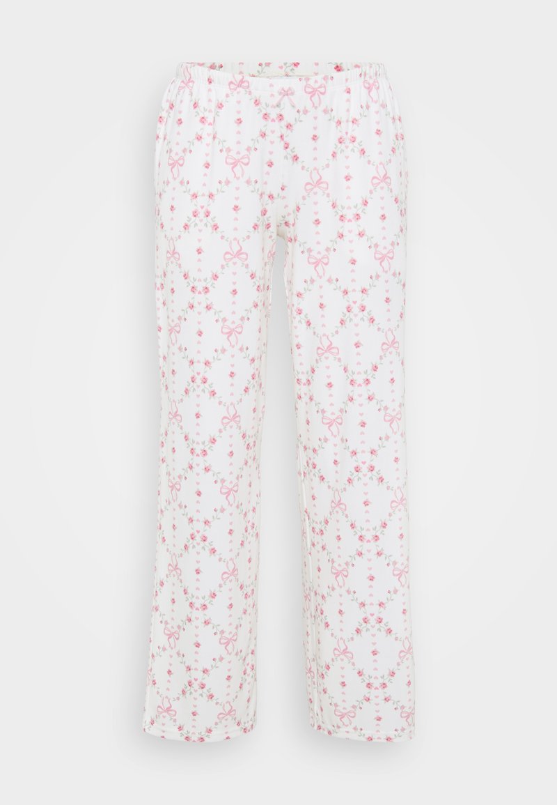 Weiße Schlafanzughose mit floralem Muster in Rosa und Grün, mit Schleifen und elastischem Bund. Gerade geschnittener Beinverlauf, weiche Stoffstruktur.