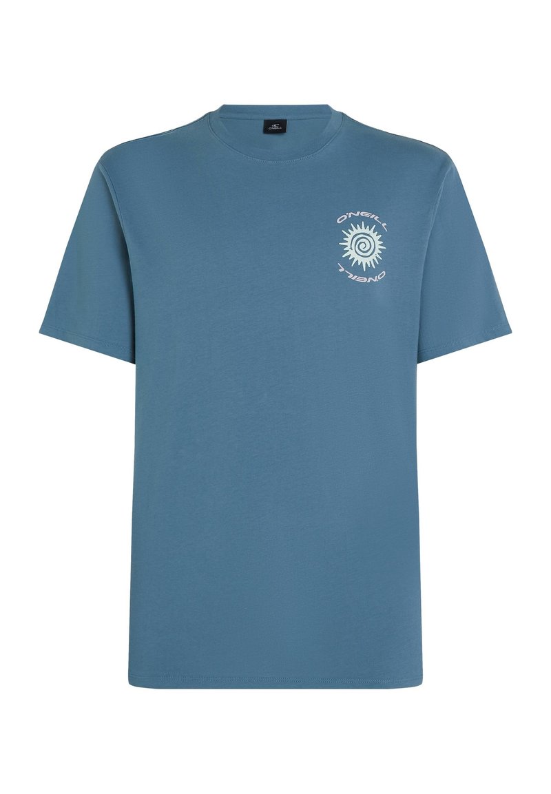Hellblaues Baumwoll-T-Shirt mit kurzen Ärmeln, rundem Halsausschnitt und einem runden Sonnenmotiv in Weiß und Aquamarin auf der linken Brust.}}