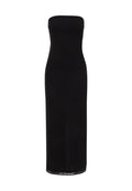 Schwarzes trägerloses Maxikleid mit taillierter Silhouette, strukturiertem Stoff mit kleinen erhobenen Punkten und geradem Saum. Glatte Oberfläche.