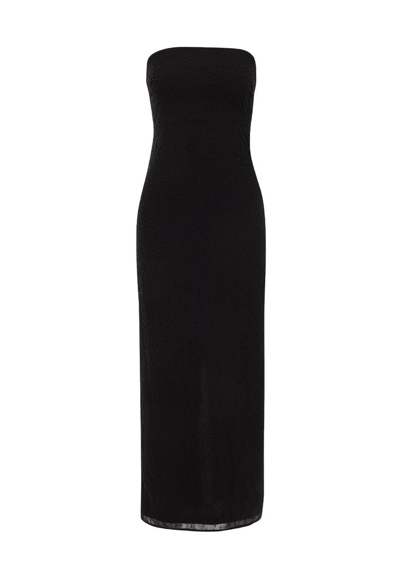 Schwarzes trägerloses Maxikleid mit taillierter Silhouette, strukturiertem Stoff mit kleinen erhobenen Punkten und geradem Saum. Glatte Oberfläche.