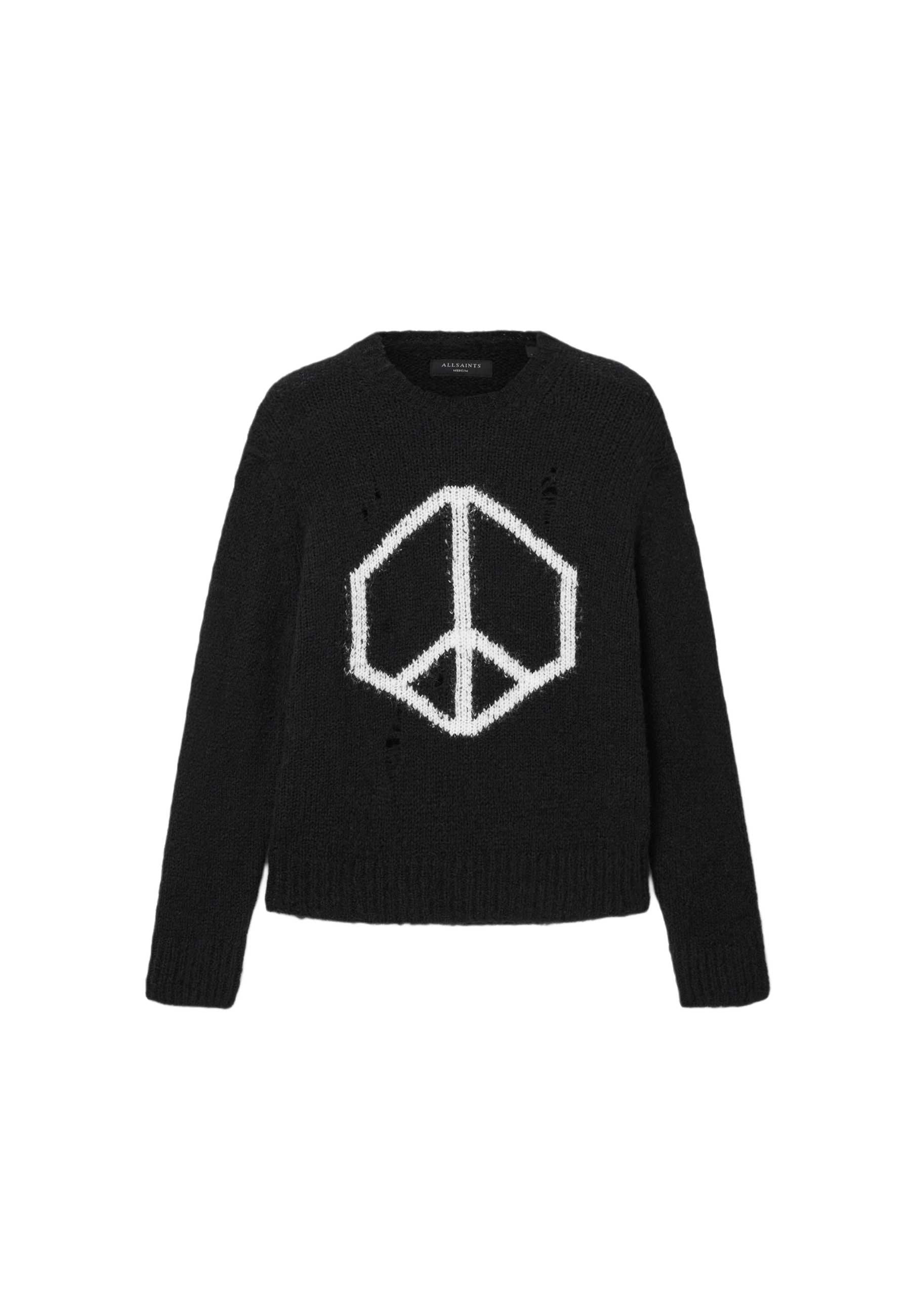 Schwarzer Strickpullover mit weißem Friedenszeichen-Grafik, runder Ausschnitt, langen Ärmeln und ausgefransten Details im Stoff.