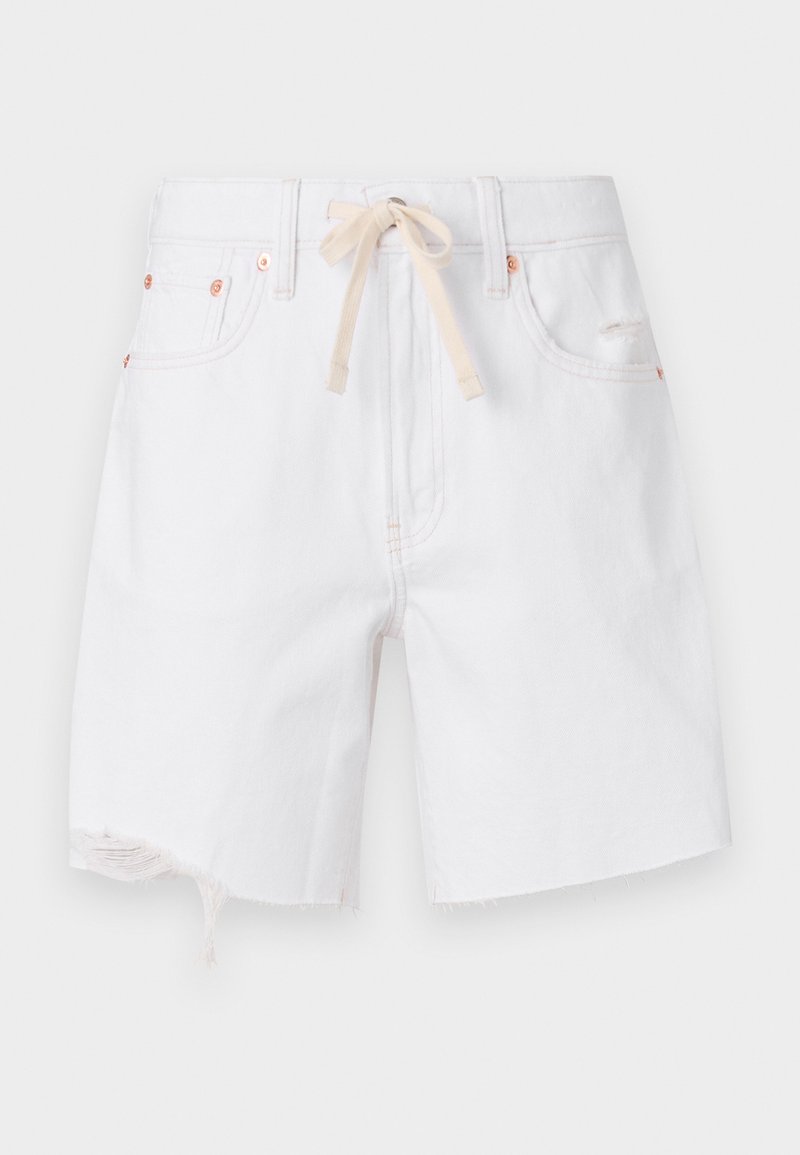 Weiße Denim-Shorts mit rohem Saum, aus Baumwollmix, und einem beigen Kordelzug. Enthält hardware in kupfertönen und seitliche Taschen.