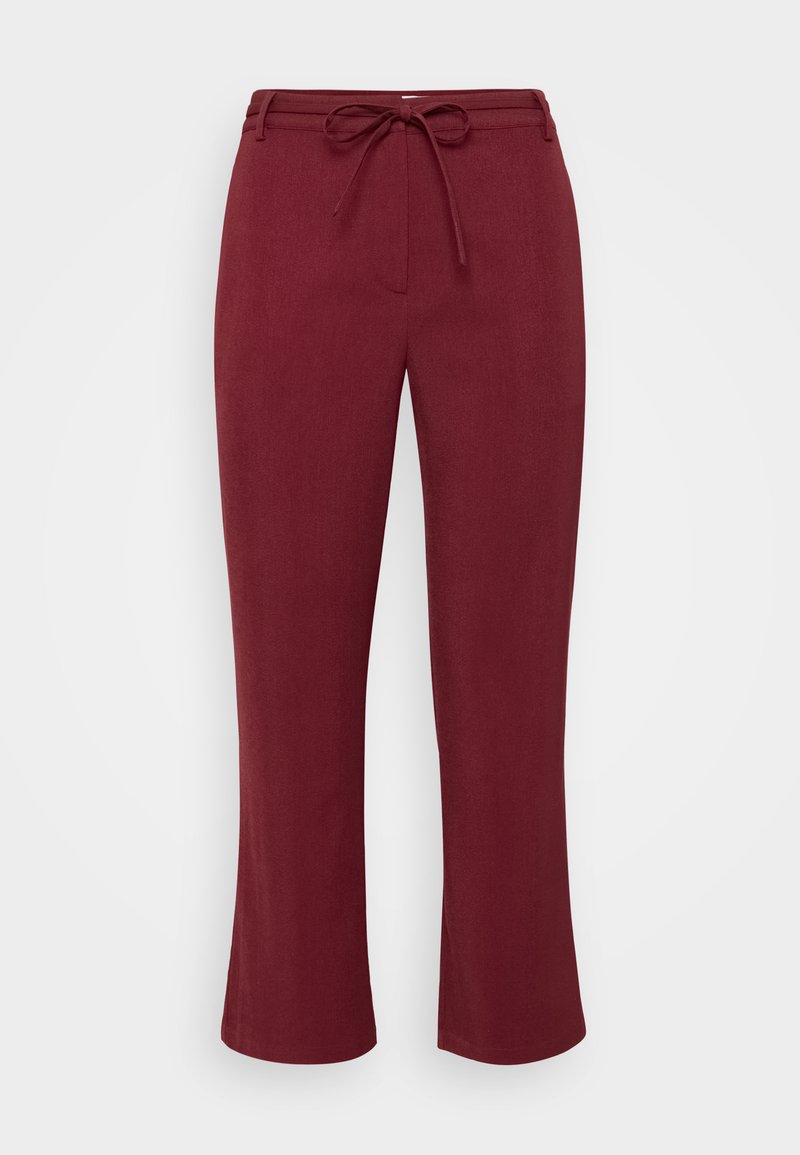 Burgunderfarbene Hose aus strukturiertem Stoff, mit einem Kordelzugbund und geradem Schnitt. Keine Taschen oder sichtbare Beschläge.
