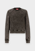 Schwarzer Denim-Sweatshirt mit verwaschenem Finish, rundem Ausschnitt, gerippten Bündchen und Seitenstreifen. Mit einem dezenten Logo auf der Brust.