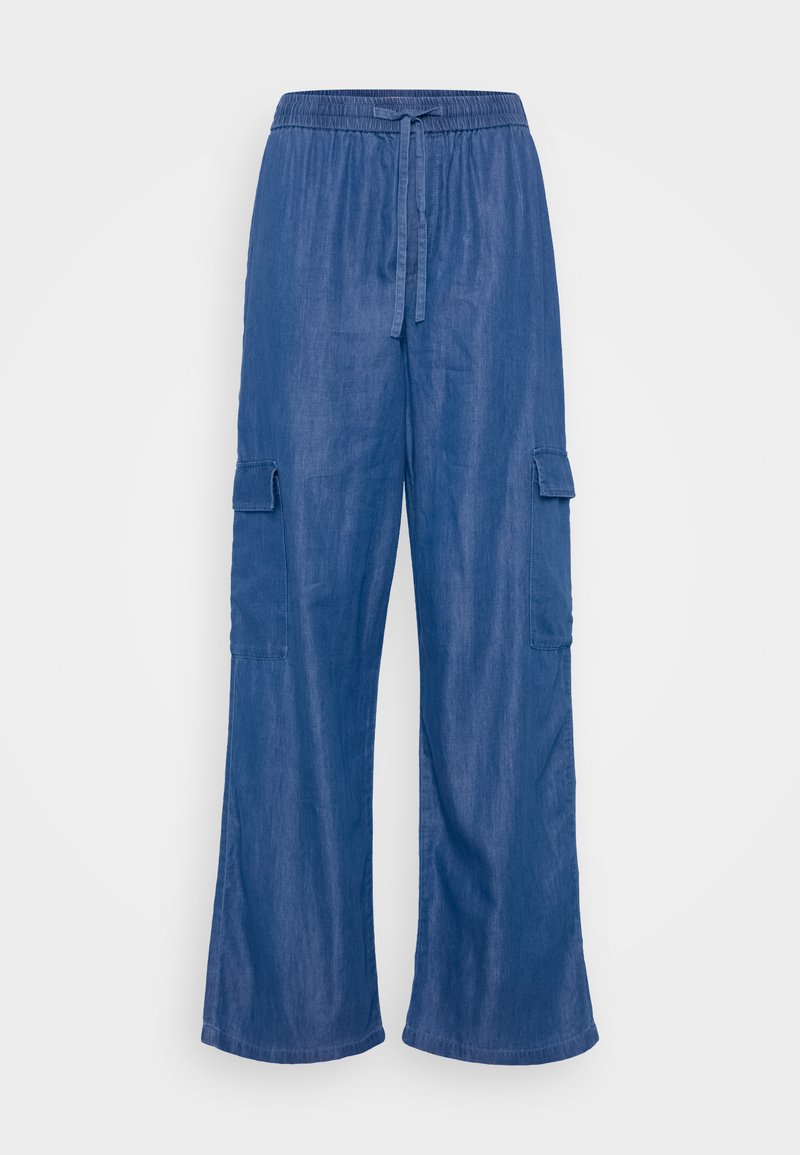 Blaue Denim-Cargohose mit lockerer Passform, ausgestattet mit einem Kordelzugbund und zwei Seitentaschen. Geschmeidige Textur, weite Beine.