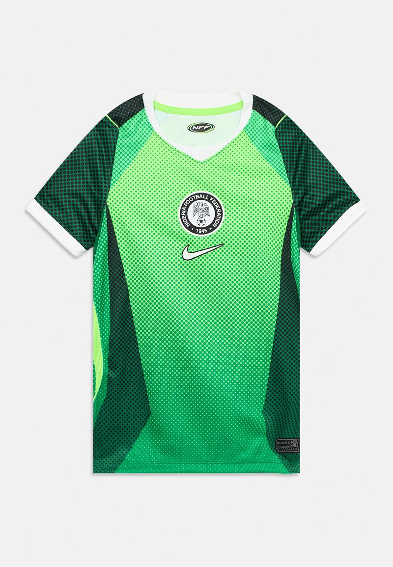 Grünes und dunkelgrünes Trikot des nigerianischen Fußballverbands mit gepunktetem Verlaufsmuster, Nike-Logo und weißem Kragen sowie Ärmelsäumen.