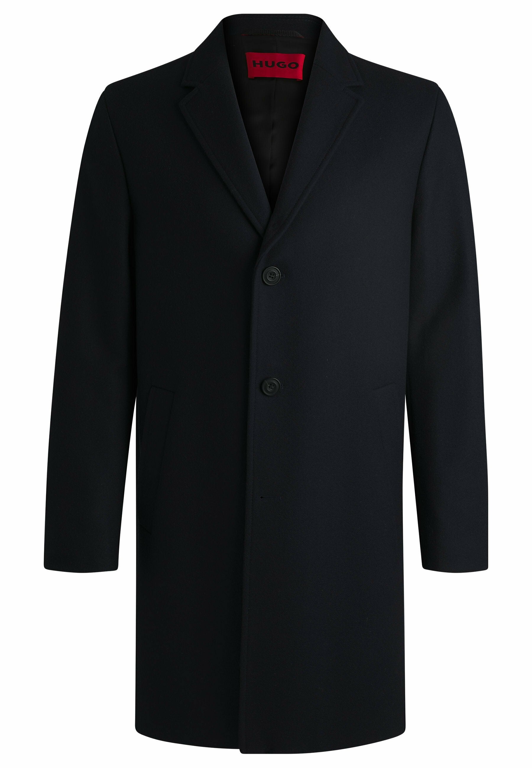 Navy-Wollmantel mit Reverskragen, einreihigem Design, zwei Vordertaschen und Knopfverschluss. Futter ist dunkel mit sichtbarerer Markenetikett.