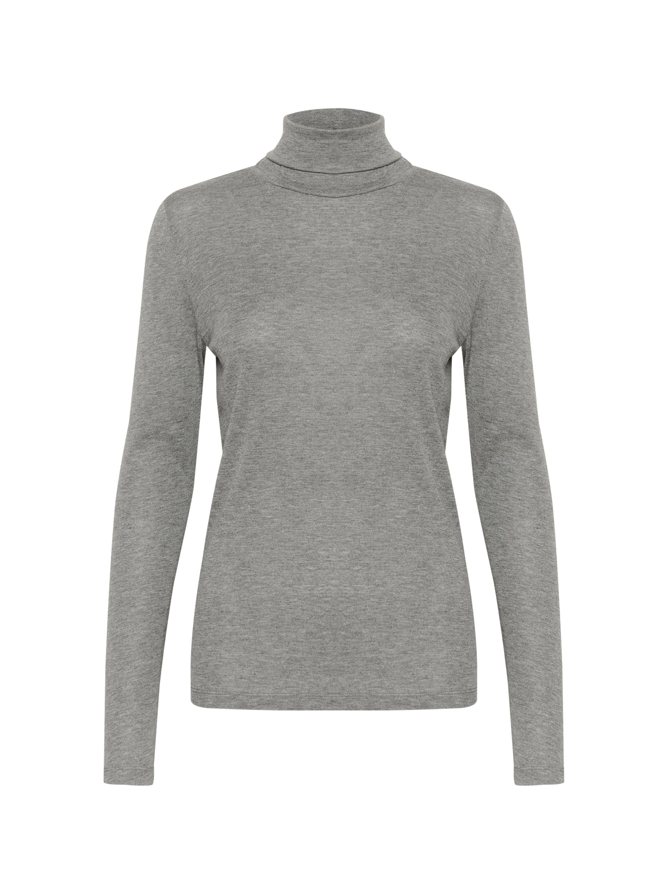 Grauer, langärmliger Rollkragenpullover aus einem weichen Material. Verfügt über eine taillierte Silhouette und ein schmales Rollkragen-Design.