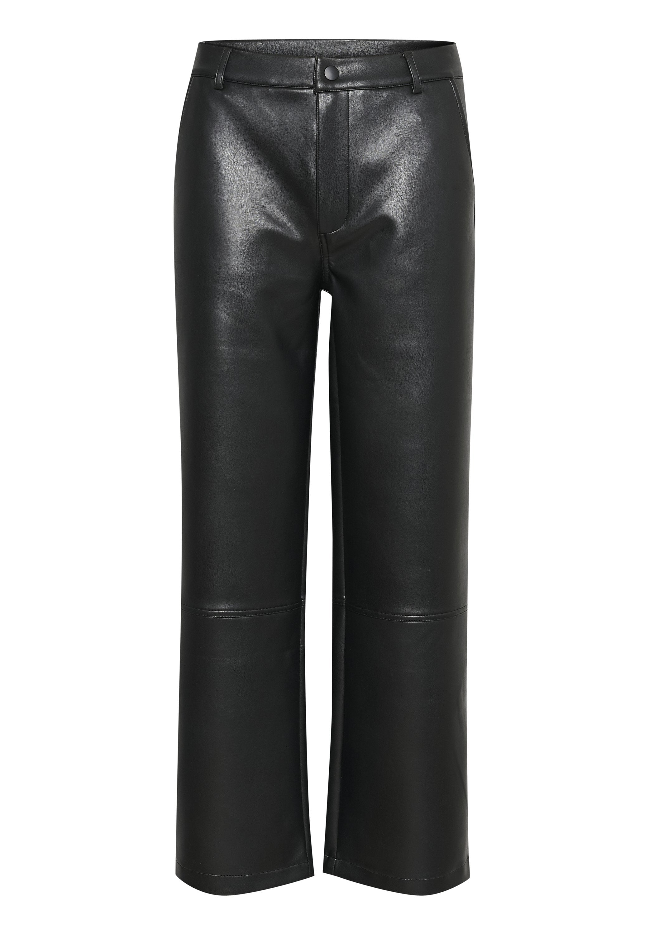 Schwarze Lederhosen mit geradem Schnitt, Knopfverschluss, subtilen Nähten und glatter Textur.