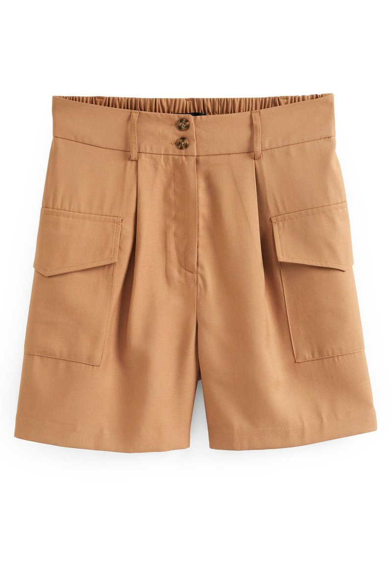 Braune Shorts aus glattem Stoff, mit einem hohen Bund, der zwei Knöpfe besitzt, Fältchen und zwei großen Seitentaschen.