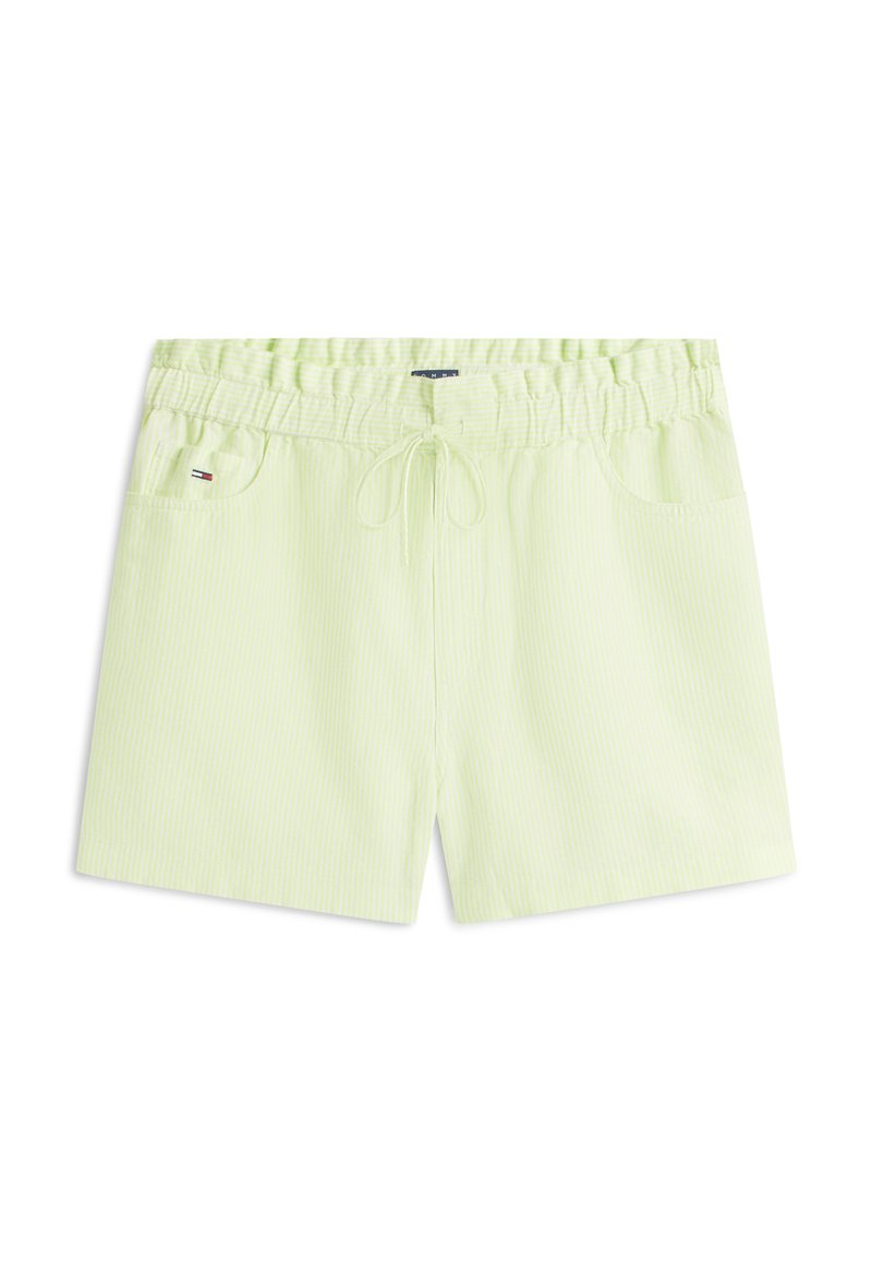 Hellgrüne legere Shorts mit elastischem Bund, Kordelzug, Fronttaschen und kleinem Logo auf der linken Tasche.