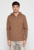 Braune Zip-Up-Hoodie aus strukturiertem Stoff, mit Kängurutasche, verstellbarem Kordelzug an der Kapuze und kleinem Logo auf der Brust.