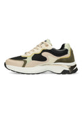 Sportliche Sneaker aus einer Mischung von beige, schwarz und olivfarbenen Materialien. Mit Mesh- und Wildleder-Texturen, metallischen Akzenten und einer dicken weißen Sohle.