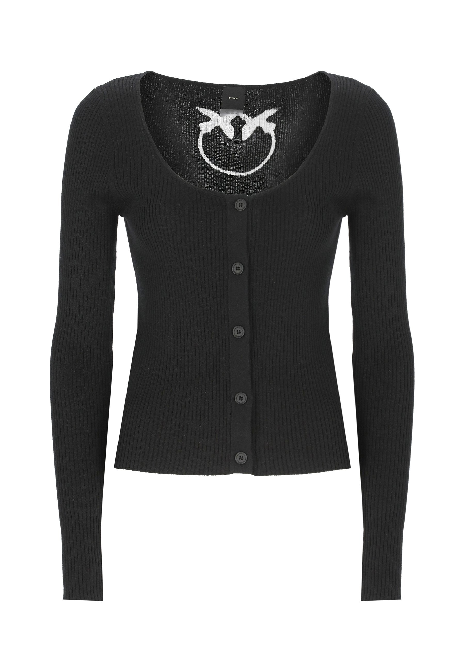 Schwarze gerippte Strickjacke mit Rundhalsausschnitt, langen Ärmeln und einer sechs Knopf vorderen Verschluss. Sie hat ein kleines Logo am inneren Hals.