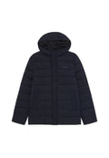 Marineblaue gepolsterte Jacke mit Kapuze, Fronttaschen und subtiler "LES DEUX"-Logo auf der Brust, entworfen für kaltes Wetter.