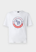 Weißes Baumwoll-T-Shirt mit einem kreisförmigen Grafikdesign. Das zentrierte Design enthält den Text "Paul Smith" und eine illustrierte Zebrafigur innerhalb des Kreises.