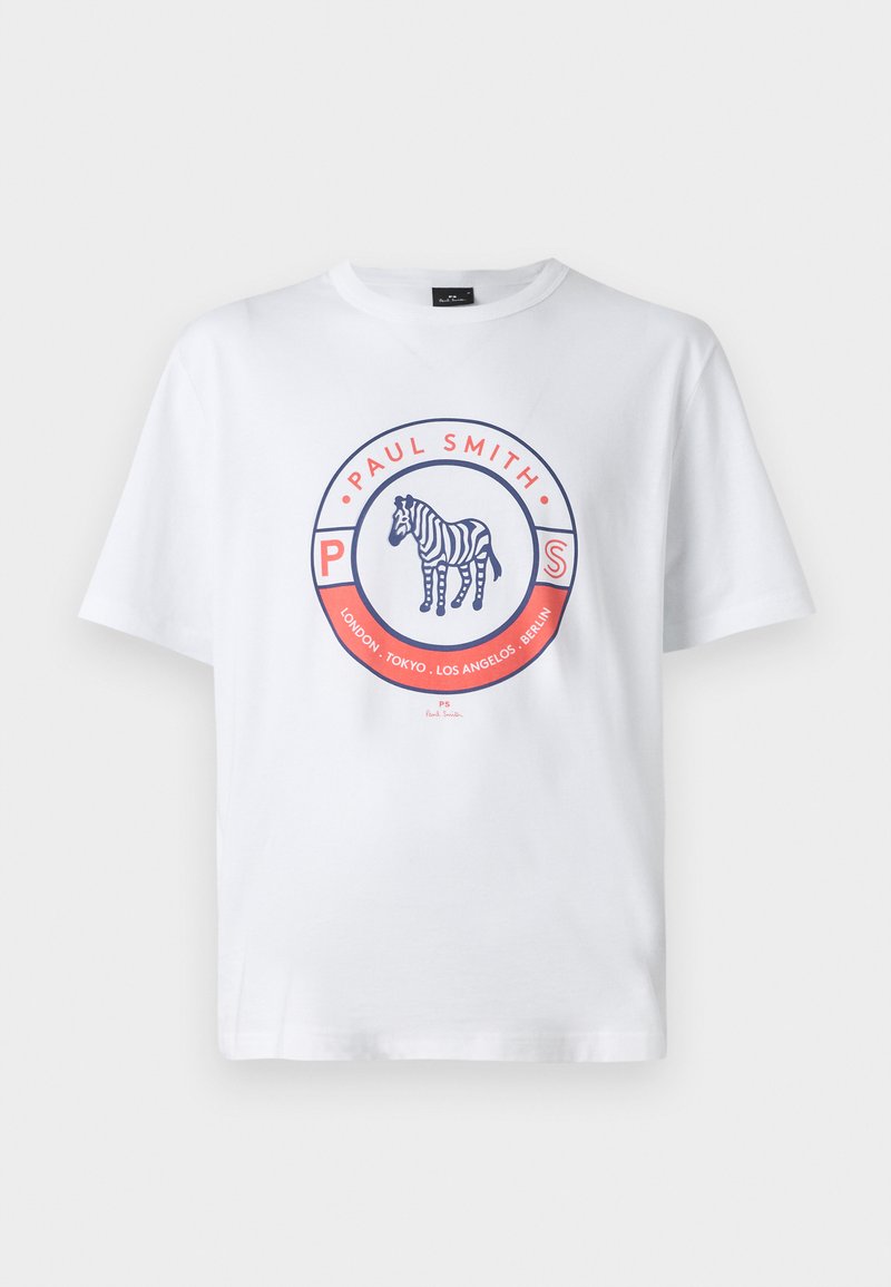 Weißes Baumwoll-T-Shirt mit einem kreisförmigen Grafikdesign. Das zentrierte Design enthält den Text "Paul Smith" und eine illustrierte Zebrafigur innerhalb des Kreises.