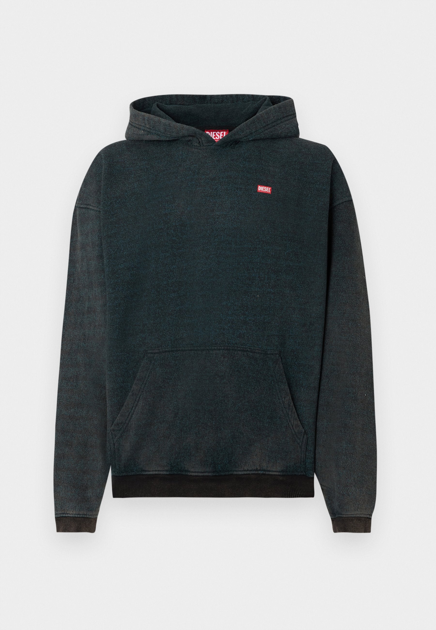Dunkelblaue Kapuzenjacke aus weichem Material, mit einer großen Kängurutasche vorne, gerippten Bündchen und einem kleinen roten "DIESEL"-Logo auf der Brust.