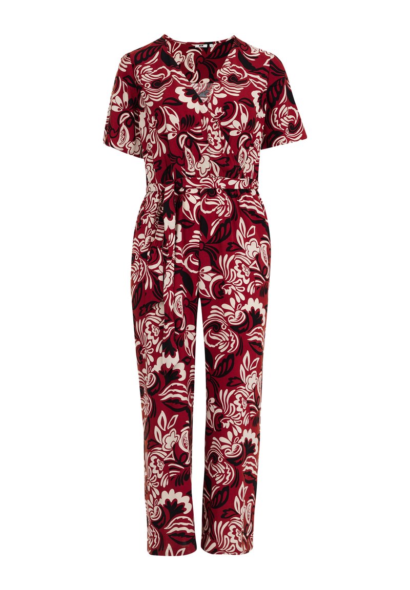 Roter Jumpsuit mit floralem Muster in Creme und Schwarz, kurzen Ärmeln, Wickelausschnitt, tailliertem Bund und tapered Beinen. Weiche Stofftextur.