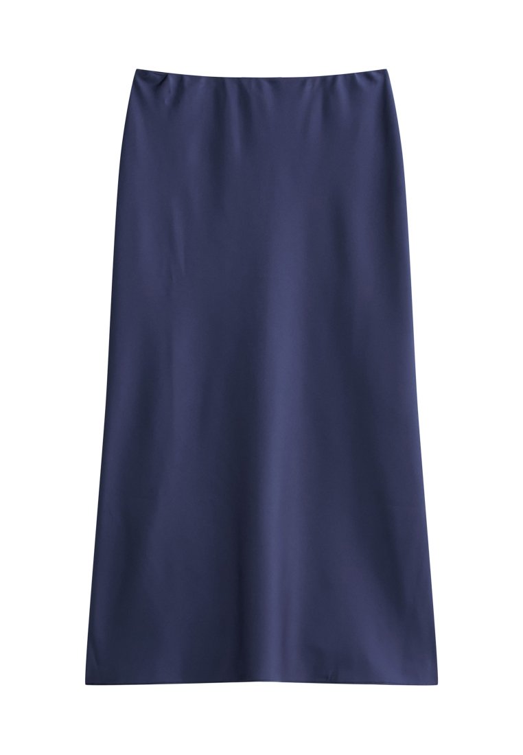 Knieumischer Marineblau-Rock aus glattem Stoff, mit einem einfachen, geraden Design, einem elastischen Bund und ohne sichtbare Verschlüsse.