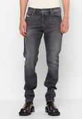 Dunkelgraue Jeans aus Denim mit schmalem Schnitt, die über ein traditionelles Fünf-Taschen-Design und eine dezente Waschung verfügen. Mit einem Markenlabel akzentuiert.