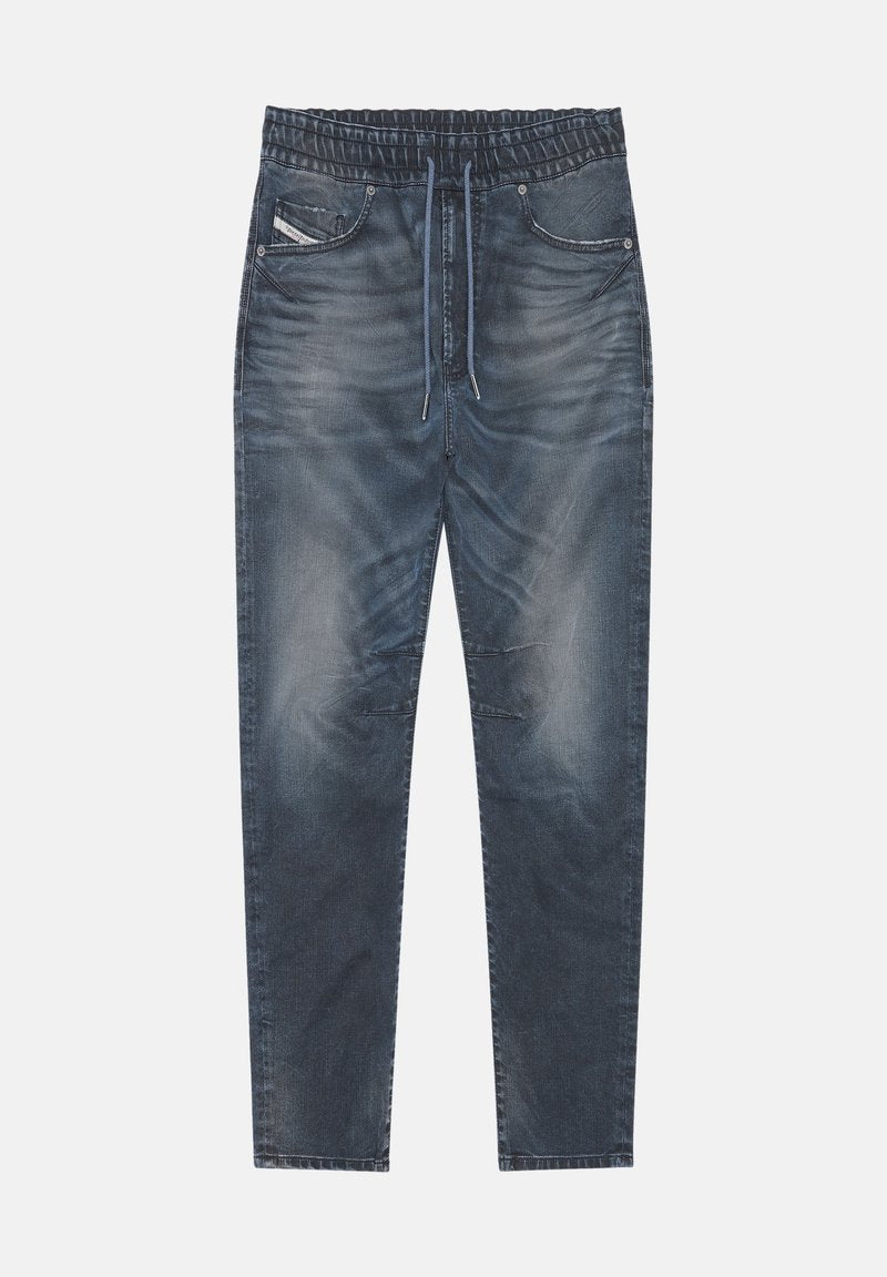 Denim-Jogginghosen in Dunkelblau mit leichter Waschung. Sie verfügen über einen elastischen Bund mit Kordelzug, zwei Fronttaschen und distressed Details.