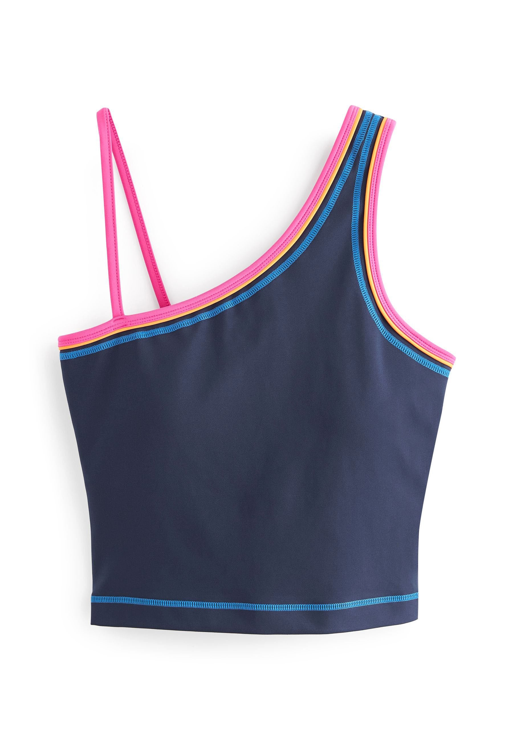 Marineblaues Tanktop mit asymmetrischem Design, verziert mit Akzentstreifen in Pink, Blau und Gelb. Hergestellt aus glattem, dehnbarem Material.