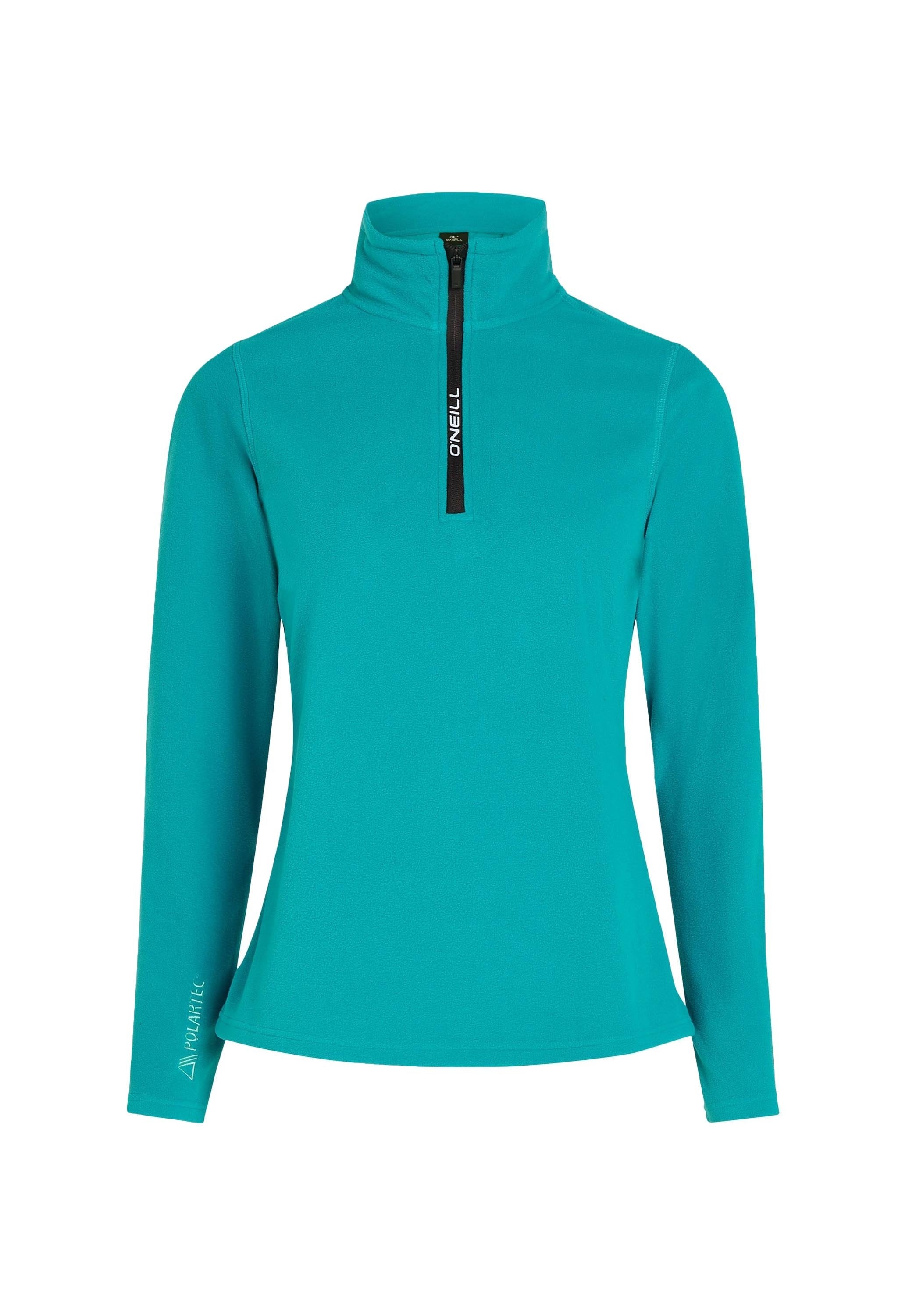 Türkisfarbener Fleece-Pullover mit halbem Reißverschluss vorne, hohem Kragen und langen Ärmeln. Mit einem "Polartec"-Logo am Ärmel. Schlichtes Design.