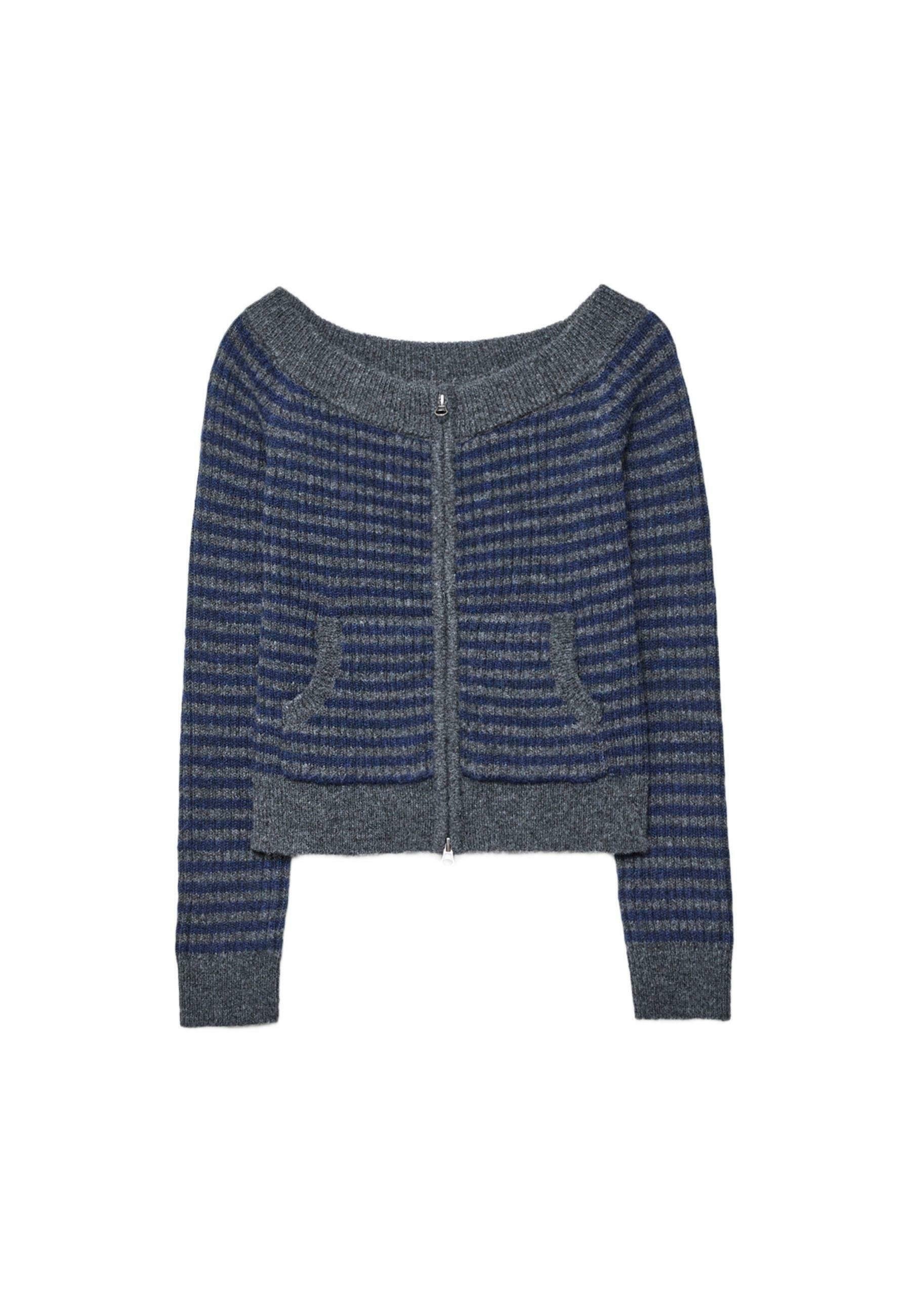 Grau und marineblau gestreifter Cardigan mit rundem Ausschnitt, Reißverschluss vorne und zwei aufgesetzten Taschen. Strukturierter Strickstoff mit kurzem Schnitt.