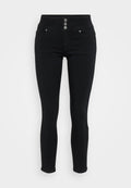 Schwarze Skinny-Jeans aus Denim mit hohem Bund. Ausgestattet mit drei Metallknöpfen, vorderen Taschen und einem glatten, figurbetonten Schnitt.