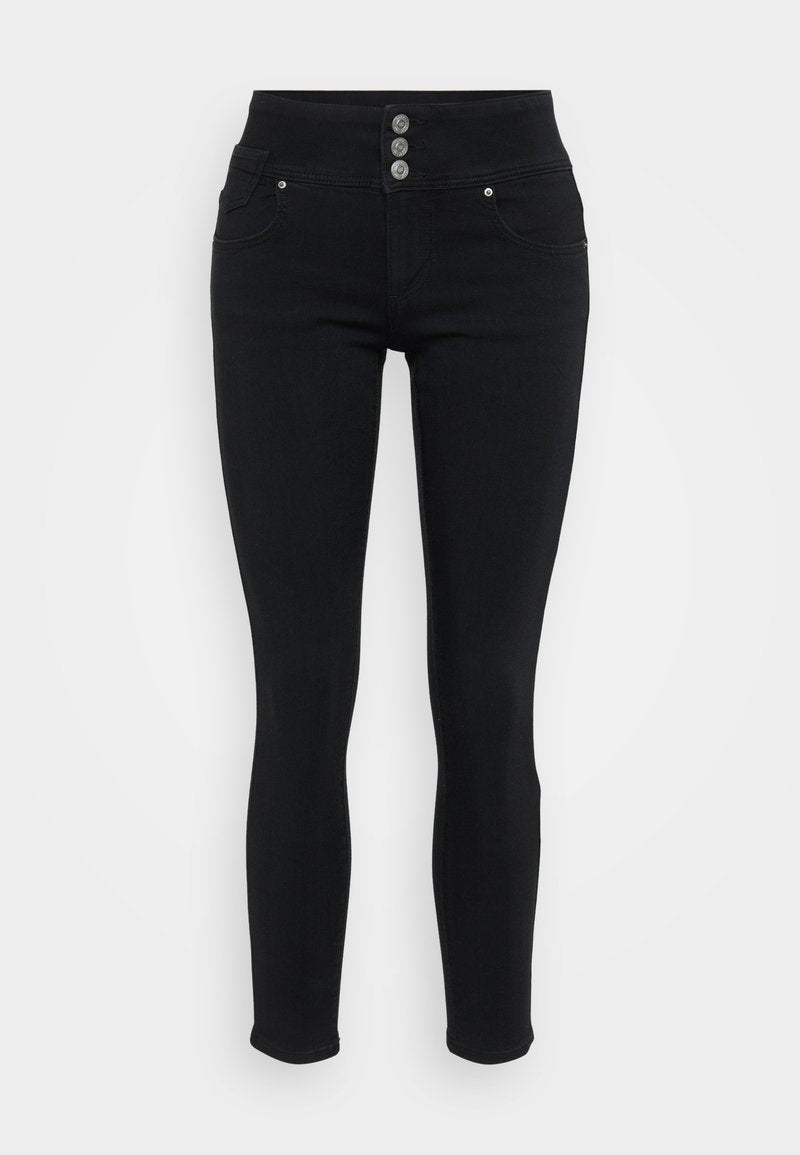Schwarze Skinny-Jeans aus Denim mit hohem Bund. Ausgestattet mit drei Metallknöpfen, vorderen Taschen und einem glatten, figurbetonten Schnitt.