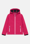 Helle pinke Kapuzenjacke mit schwarzem Innenfutter, Vorderreißverschluss, seitlichen Reißverschlusstaschen und Logo auf der Schulter.
