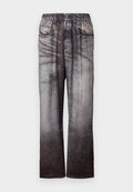 Jeans mit einem verblassten Blau-zu-Grau-Gradient, elastischem Bund und seitlichen Taschen. Sie besitzen eine strukturierte Oberfläche mit subtilem Nähen.