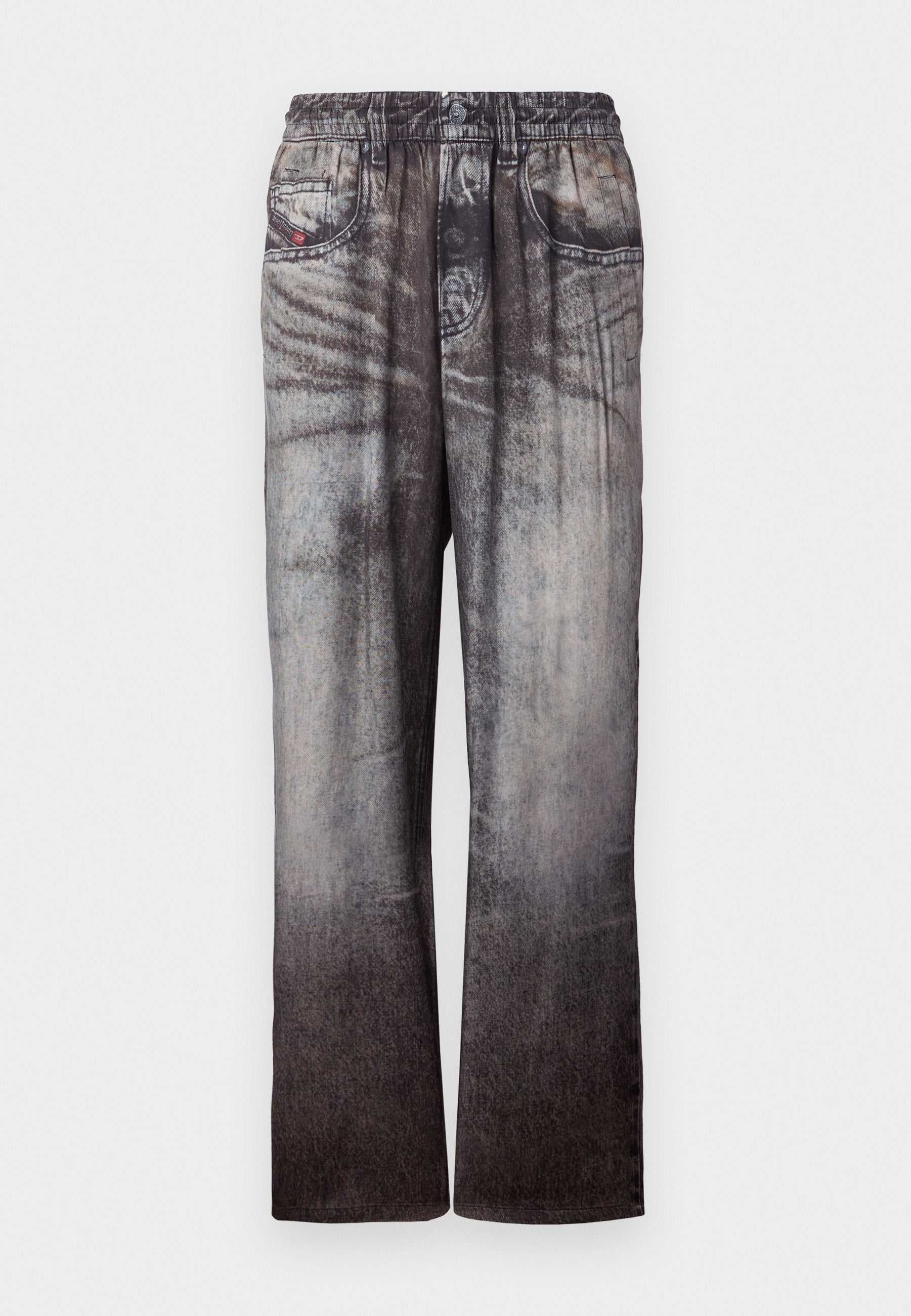 Jeans mit einem verblassten Blau-zu-Grau-Gradient, elastischem Bund und seitlichen Taschen. Sie besitzen eine strukturierte Oberfläche mit subtilem Nähen.
