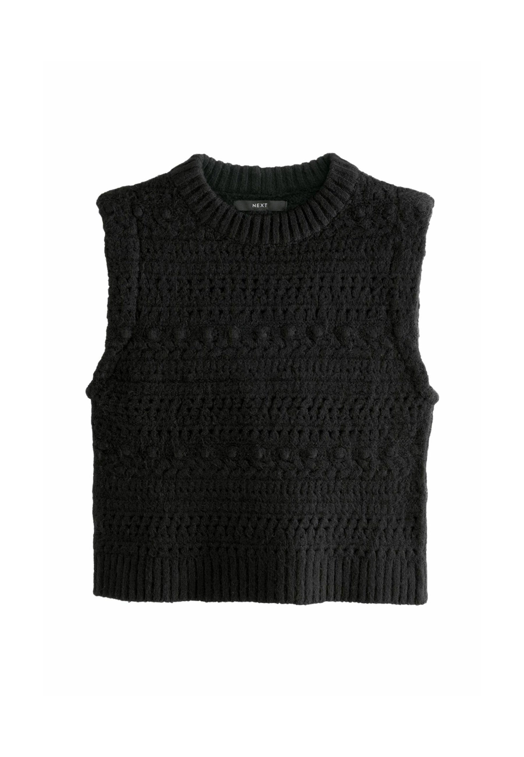 Schwarzes ärmelloses Stricktop mit strukturierten Mustern und einem gerippten Ausschnitt. Mit kurzem Schnitt, gefertigt aus weichem, warmem Material.