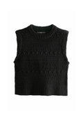 Schwarzes ärmelloses Stricktop mit strukturierten Mustern und einem gerippten Ausschnitt. Mit kurzem Schnitt, gefertigt aus weichem, warmem Material.