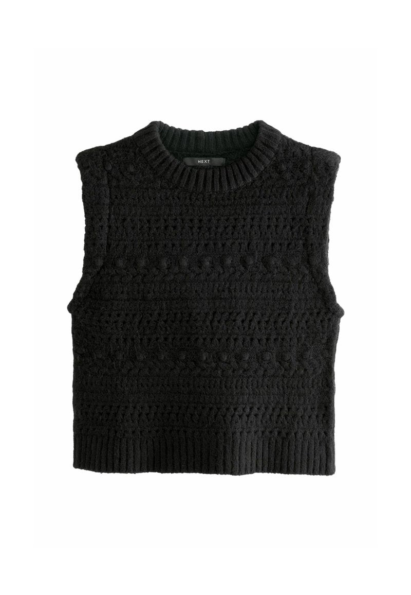 Schwarzes ärmelloses Stricktop mit strukturierten Mustern und einem gerippten Ausschnitt. Mit kurzem Schnitt, gefertigt aus weichem, warmem Material.