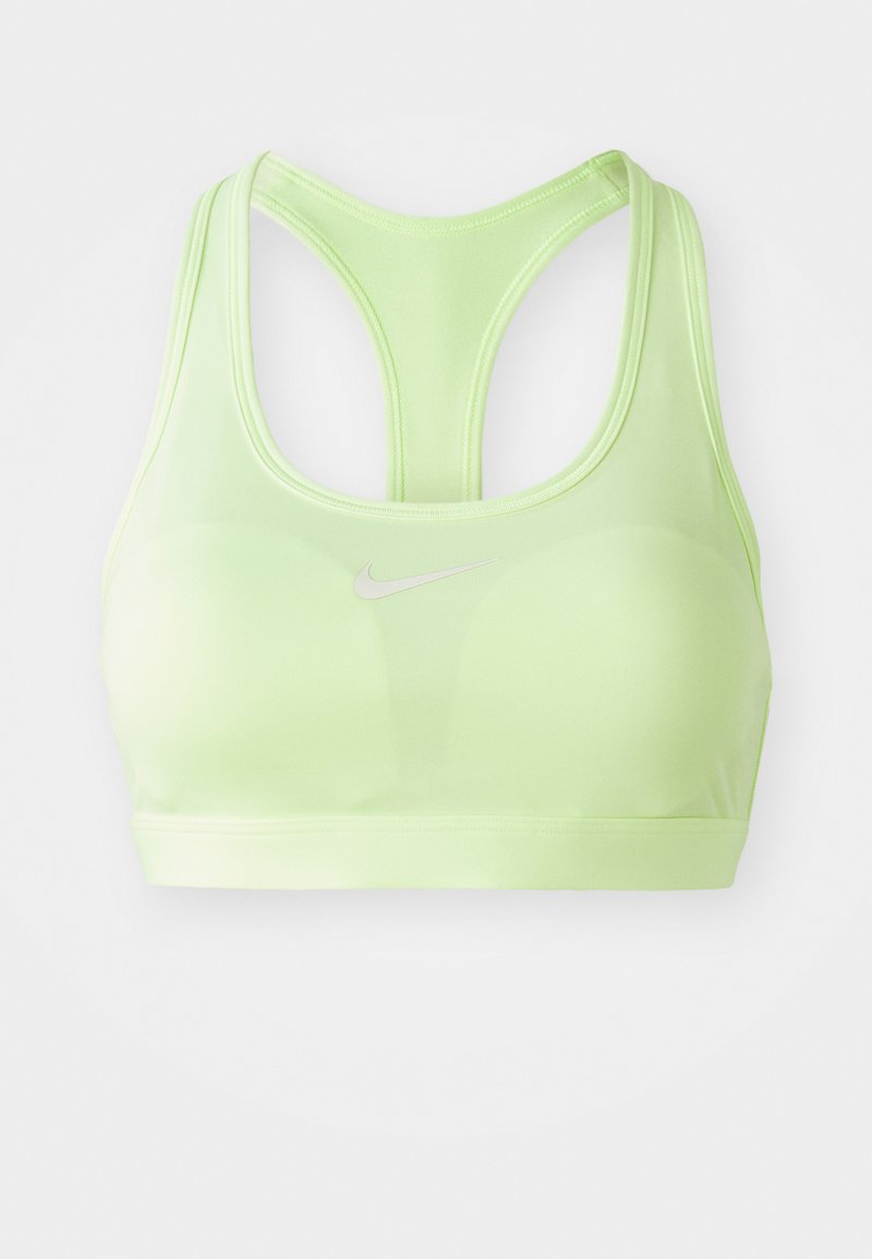 Nike Sport-BH in Hellgrün, mit klassischem Racerback-Design, glatter Textur und kleinem silbernen Logo auf der Vorderseite.