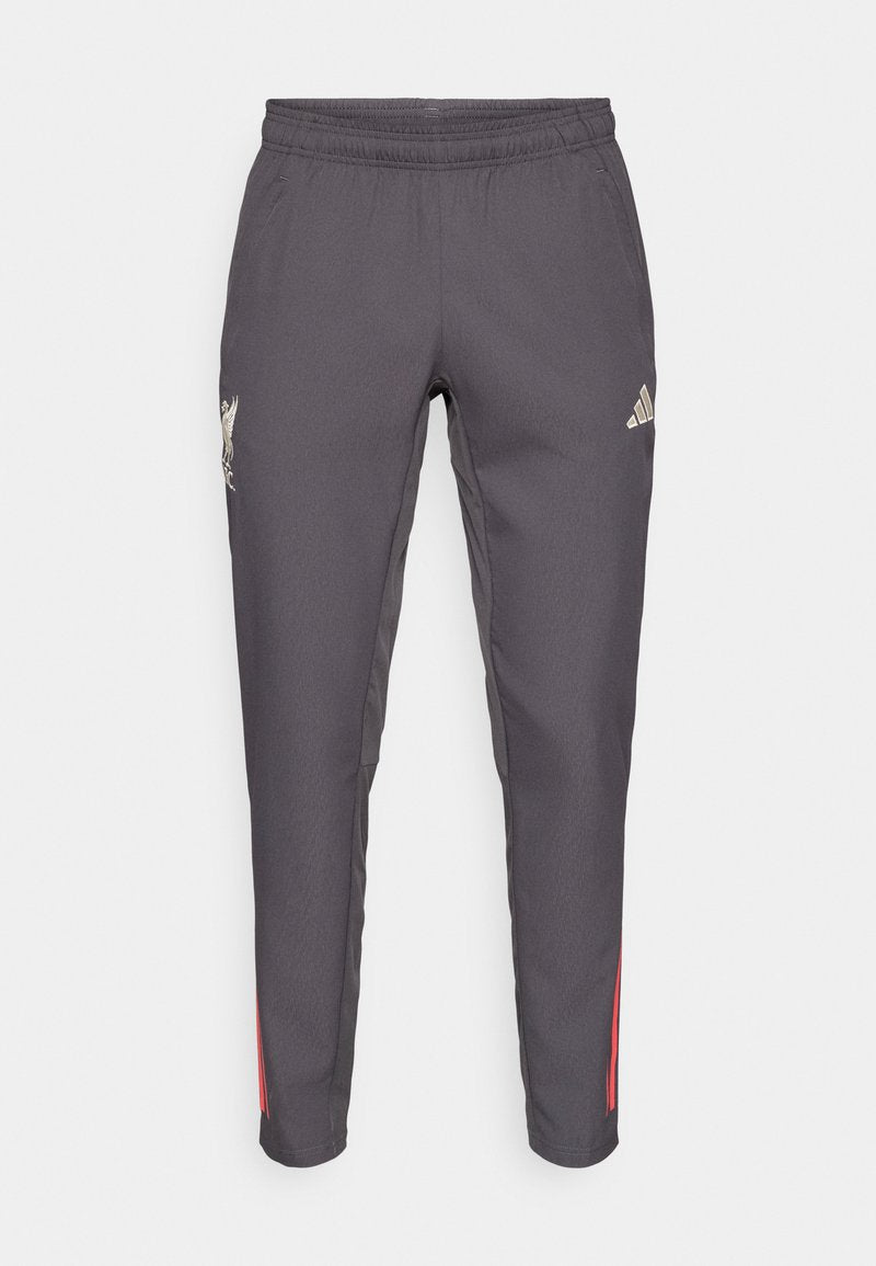 Graue Sporthose mit schlanker Passform, elastischem Bund, roten Seitenstreifen und gesticktem Teamlogo am linken Bein.