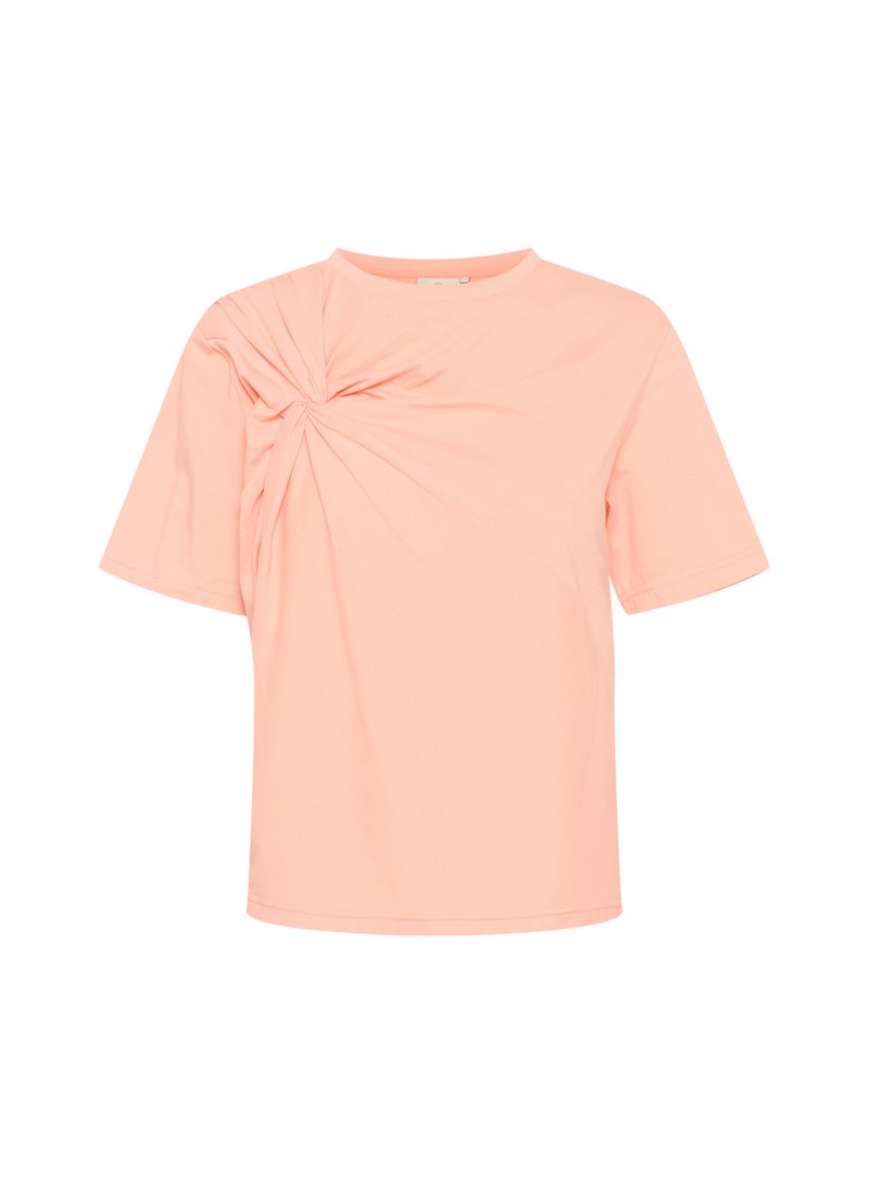 Pfirsichfarbene T-Shirts aus weichem Stoff mit rundem Halsausschnitt und kurzen Ärmeln. Mit einer Raffung auf der linken Seite.